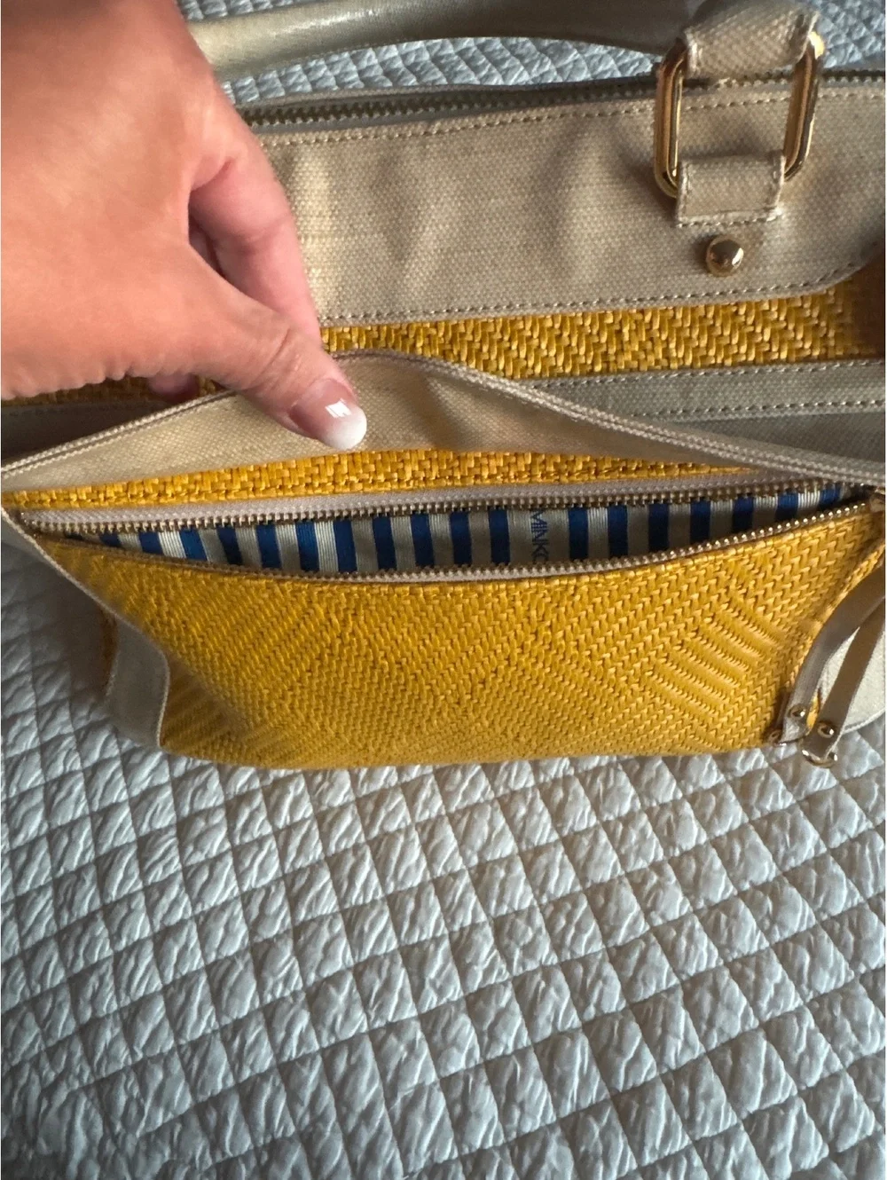 Rebecca Minkoff Yellow Woven Straw and Beige Leather Satchel Handbag